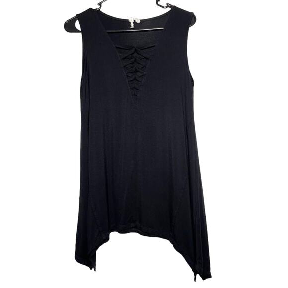 V Neck Blouse Womens Size Small Sleeveless Lace Front Solid Black A-line Hem Top - Picture 1 of 12